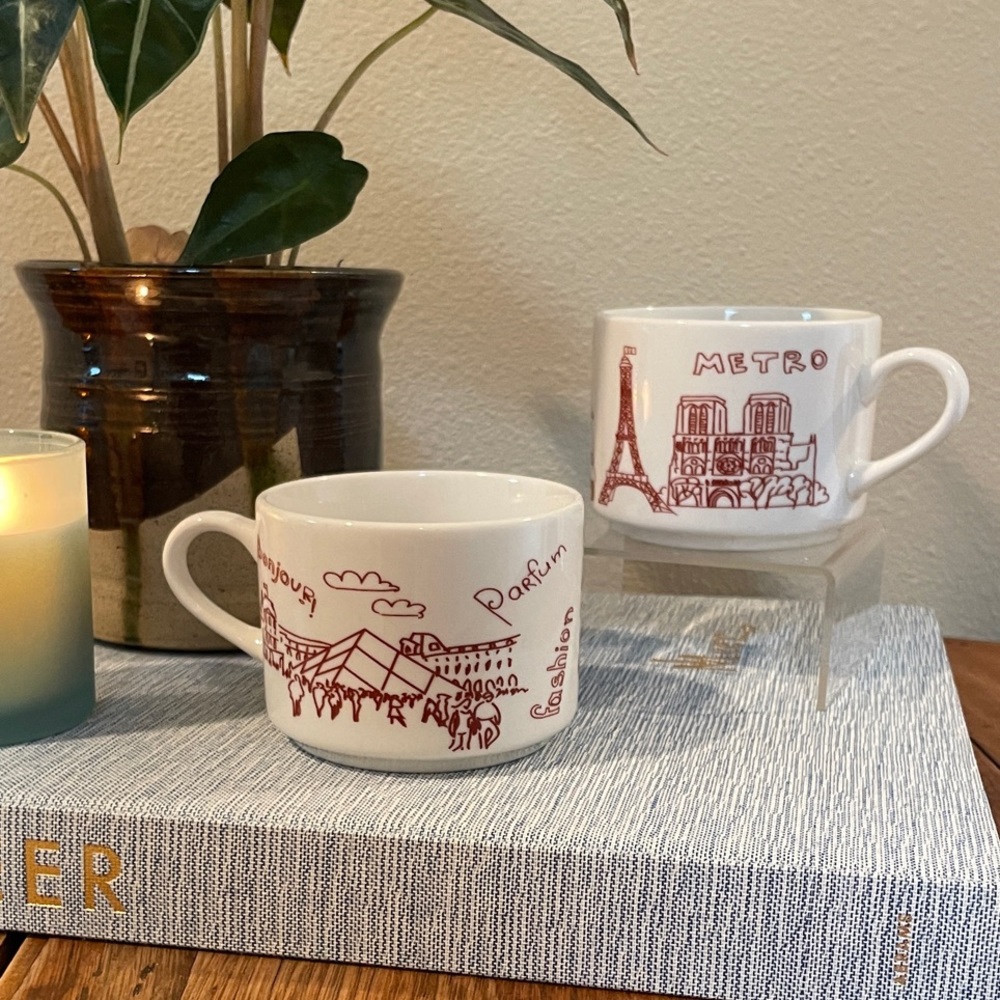 Vintage Parisian Sketch Coffee Mugs | Set of 2 | French Landmark Ceramic Cups